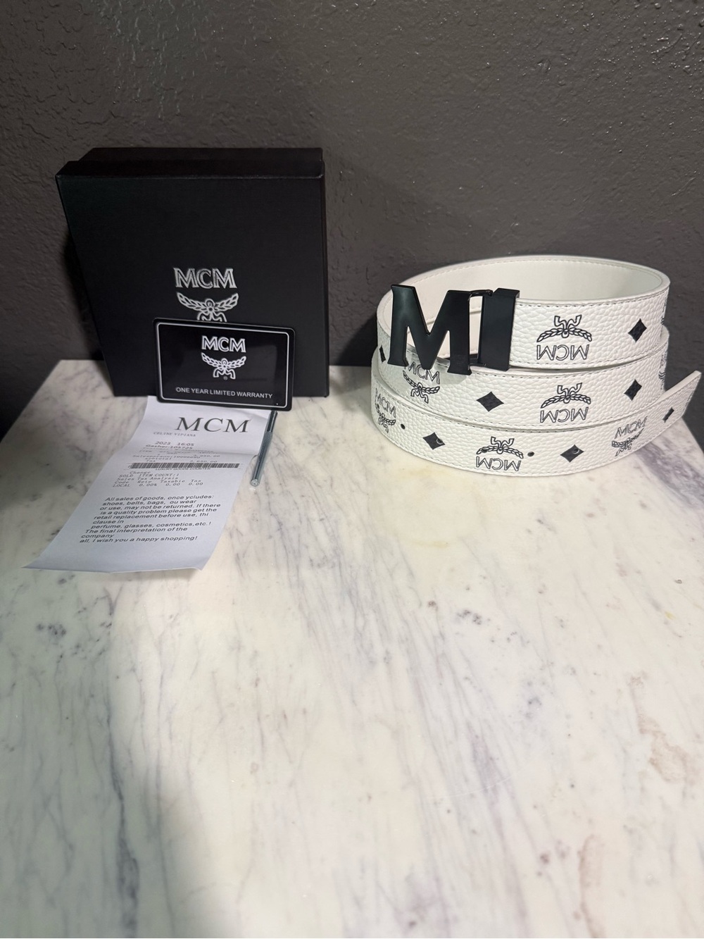 MCM White Logo Print Leather Belt with Black 'M' Buckle